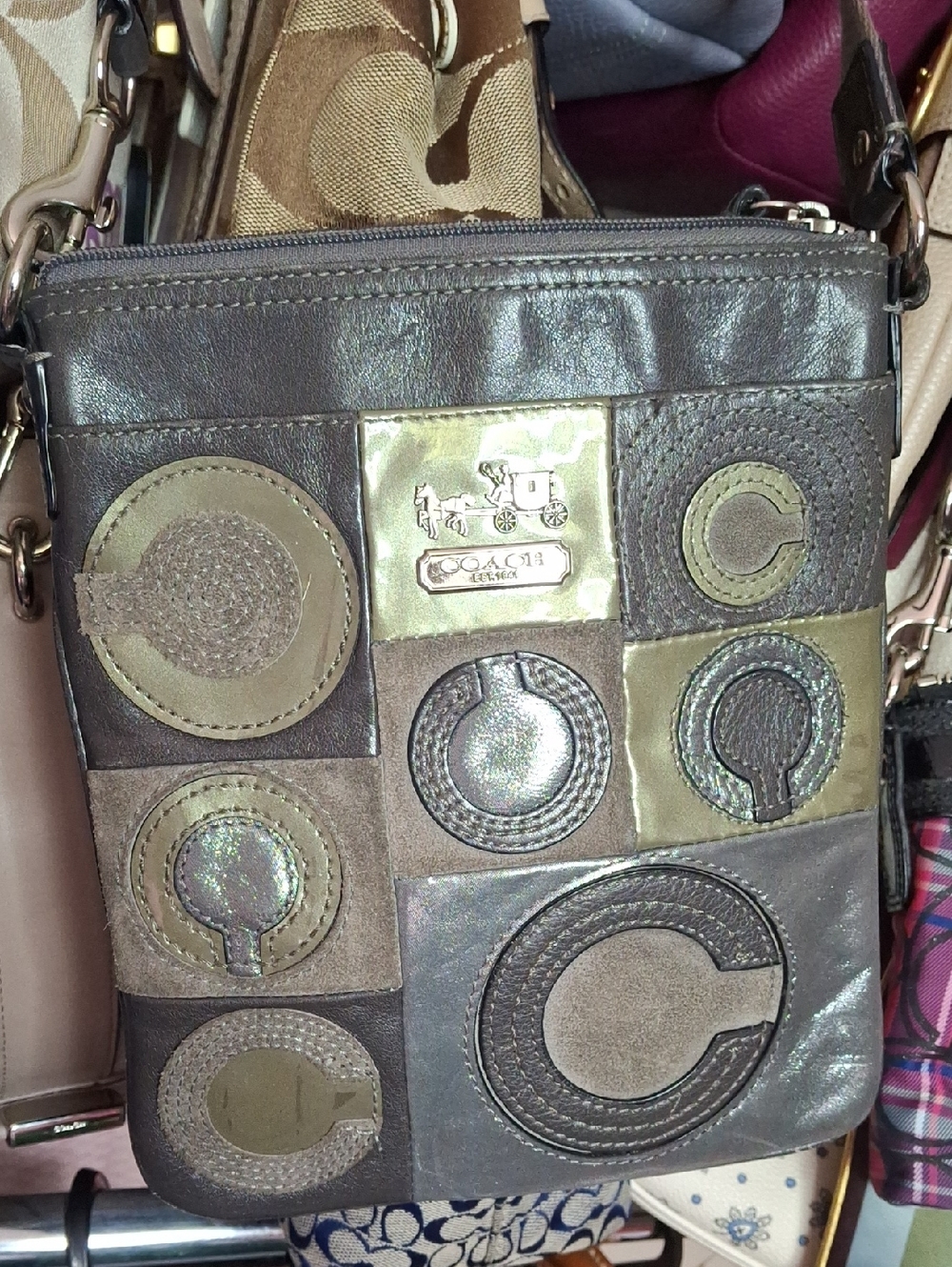 COACH PATCHWORK GRAY TAUPE TAN CROSSBODY BAG